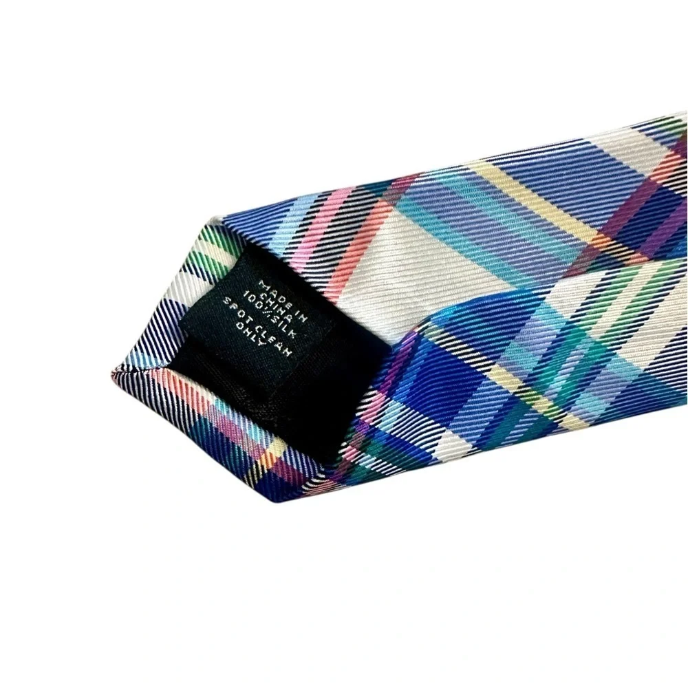 Express 100% Silk Plaid Tie - White Blue Red - Preppy